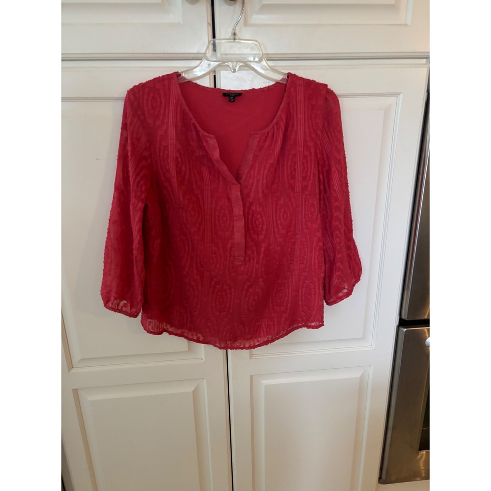 Talbots Petites Red Geometric Clip Dot Split Neck Blouse Lined 3/4 Sleeve MP